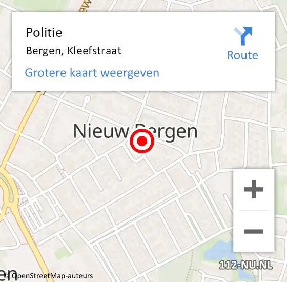 Locatie op kaart van de 112 melding: Politie Bergen, Kleefstraat op 15 augustus 2023 15:41