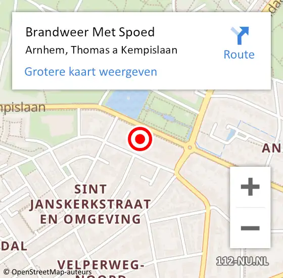 Locatie op kaart van de 112 melding: Brandweer Met Spoed Naar Arnhem, Thomas a Kempislaan op 15 augustus 2023 22:22