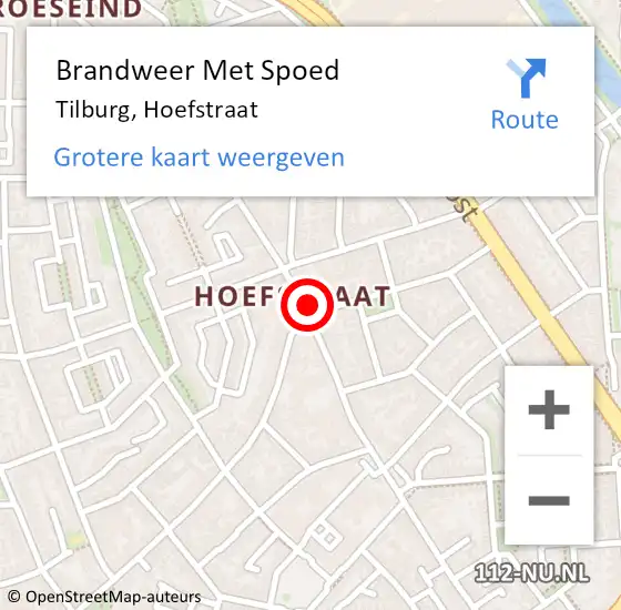 Locatie op kaart van de 112 melding: Brandweer Met Spoed Naar Tilburg, Hoefstraat op 16 augustus 2023 05:44