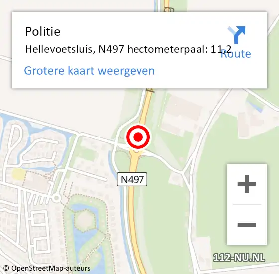 Locatie op kaart van de 112 melding: Politie Hellevoetsluis, N497 hectometerpaal: 11,2 op 16 augustus 2023 15:29