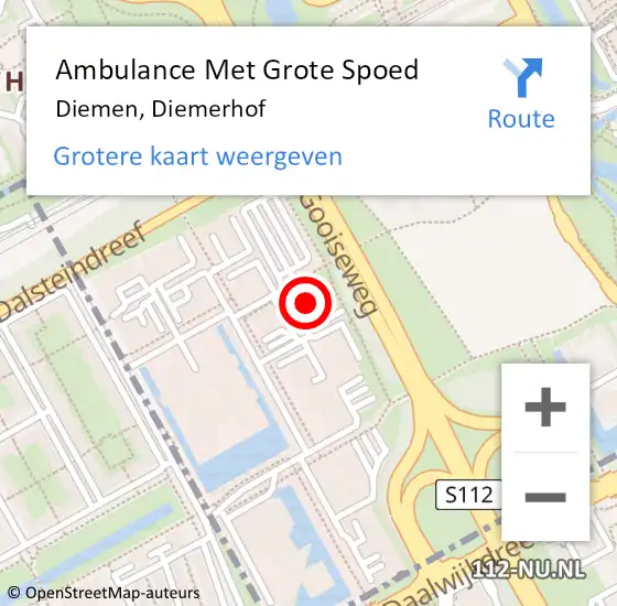 Locatie op kaart van de 112 melding: Ambulance Met Grote Spoed Naar Diemen, Diemerhof op 16 augustus 2023 20:35
