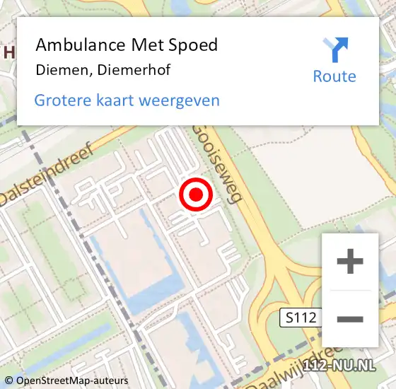 Locatie op kaart van de 112 melding: Ambulance Met Spoed Naar Diemen, Diemerhof op 16 augustus 2023 20:40