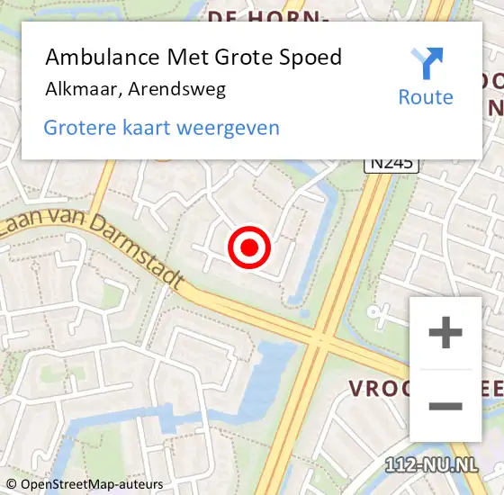 Locatie op kaart van de 112 melding: Ambulance Met Grote Spoed Naar Alkmaar, Arendsweg op 17 augustus 2023 00:56