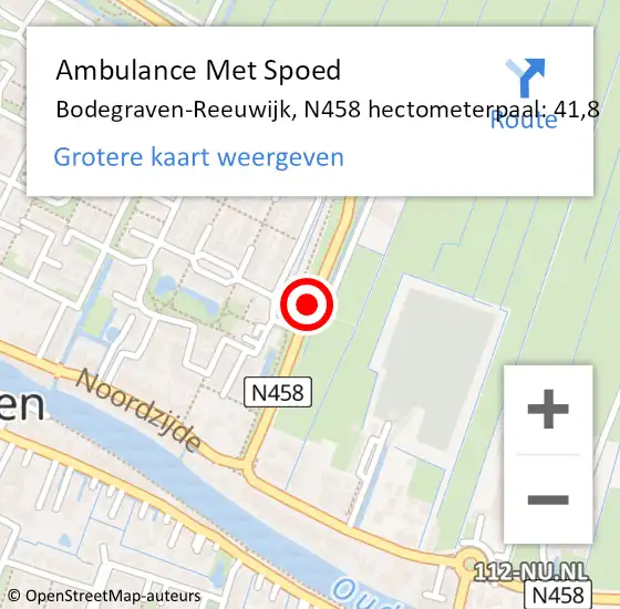 Locatie op kaart van de 112 melding: Ambulance Met Spoed Naar Bodegraven-Reeuwijk, N458 hectometerpaal: 41,8 op 17 augustus 2023 12:40