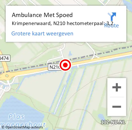 Locatie op kaart van de 112 melding: Ambulance Met Spoed Naar Krimpenerwaard, N210 hectometerpaal: 3,2 op 17 augustus 2023 15:54