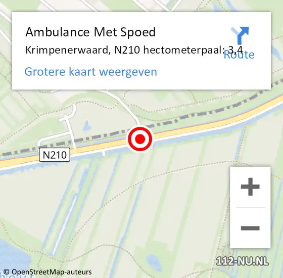 Locatie op kaart van de 112 melding: Ambulance Met Spoed Naar Krimpenerwaard, N210 hectometerpaal: 3,4 op 17 augustus 2023 15:55