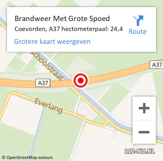 Locatie op kaart van de 112 melding: Brandweer Met Grote Spoed Naar Coevorden, A37 hectometerpaal: 24,4 op 17 augustus 2023 17:10