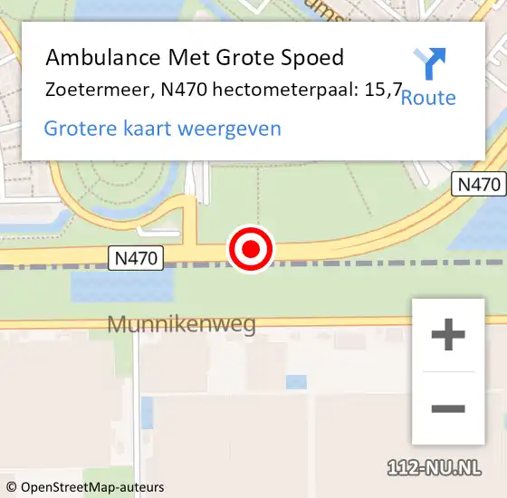 Locatie op kaart van de 112 melding: Ambulance Met Grote Spoed Naar Zoetermeer, N470 hectometerpaal: 15,7 op 17 augustus 2023 17:38