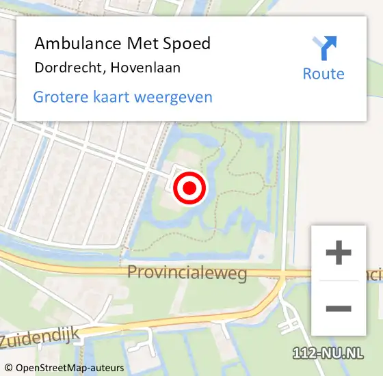 Locatie op kaart van de 112 melding: Ambulance Met Spoed Naar Dordrecht, Hovenlaan op 17 augustus 2023 18:15