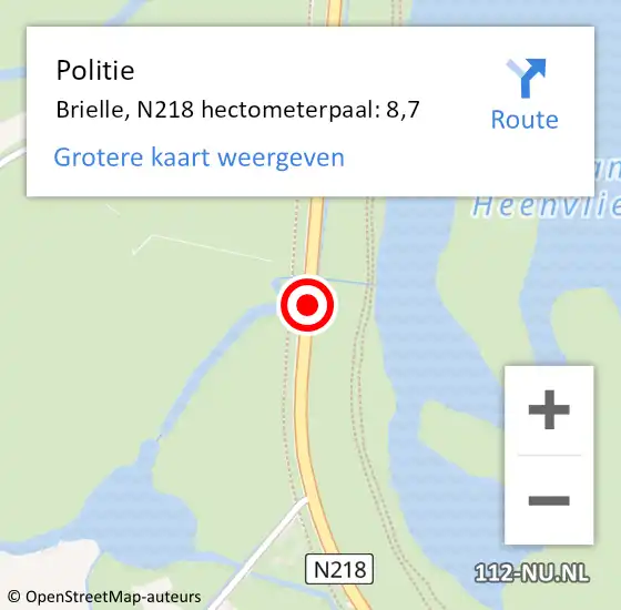 Locatie op kaart van de 112 melding: Politie Brielle, N218 hectometerpaal: 8,7 op 17 augustus 2023 21:09