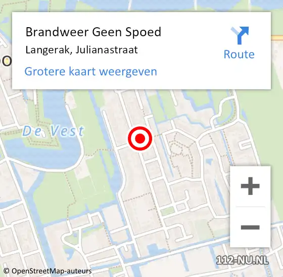 Locatie op kaart van de 112 melding: Brandweer Geen Spoed Naar Langerak, Julianastraat op 17 augustus 2023 21:17
