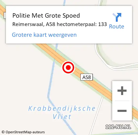Locatie op kaart van de 112 melding: Politie Met Grote Spoed Naar Reimerswaal, A58 hectometerpaal: 133 op 18 augustus 2023 15:03