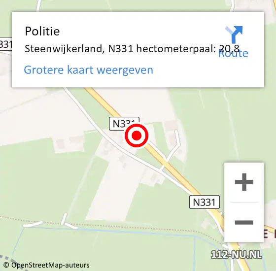Locatie op kaart van de 112 melding: Politie Steenwijkerland, N331 hectometerpaal: 20,8 op 18 augustus 2023 15:08