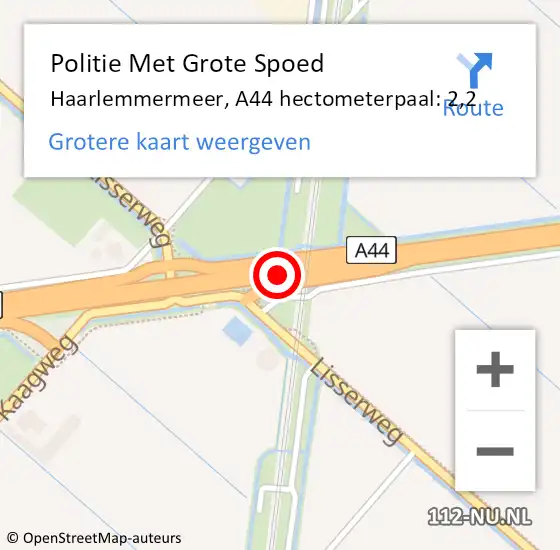 Locatie op kaart van de 112 melding: Politie Met Grote Spoed Naar Haarlemmermeer, A44 hectometerpaal: 2,2 op 18 augustus 2023 16:00