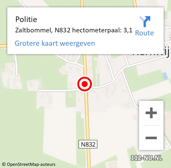 Locatie op kaart van de 112 melding: Politie Zaltbommel, N832 hectometerpaal: 3,1 op 18 augustus 2023 18:31