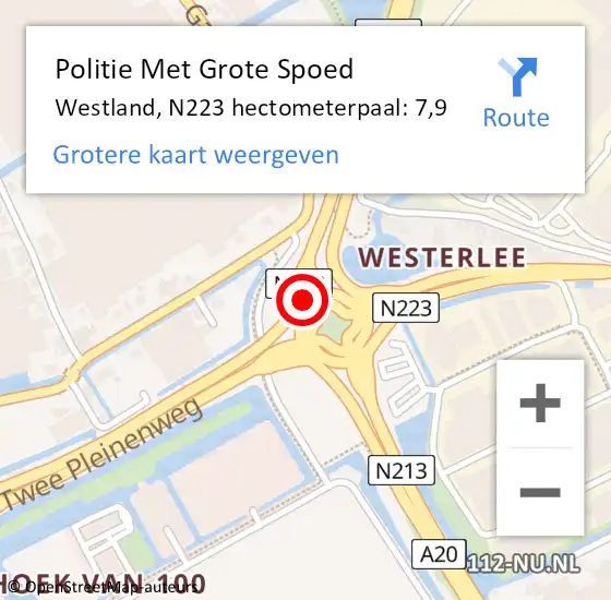 Locatie op kaart van de 112 melding: Politie Met Grote Spoed Naar Westland, N223 hectometerpaal: 7,9 op 18 augustus 2023 20:33