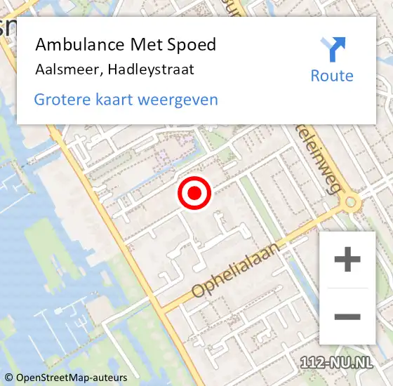 Locatie op kaart van de 112 melding: Ambulance Met Spoed Naar Aalsmeer, Hadleystraat op 18 augustus 2023 20:49