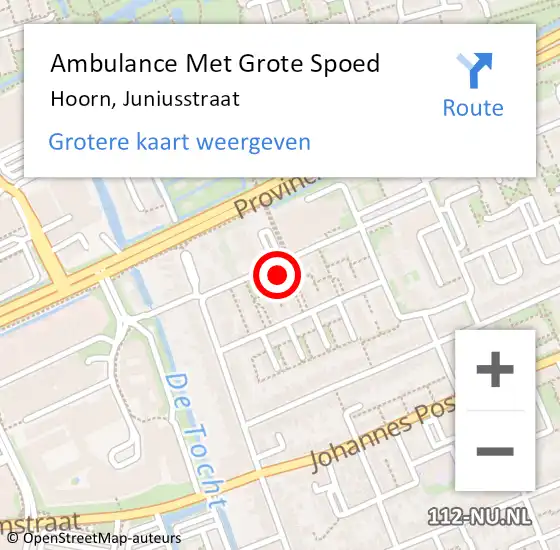 Locatie op kaart van de 112 melding: Ambulance Met Grote Spoed Naar Hoorn, Juniusstraat op 19 augustus 2023 23:21