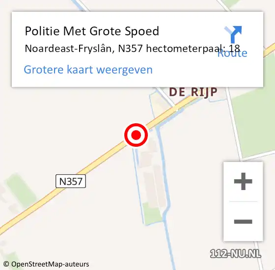 Locatie op kaart van de 112 melding: Politie Met Grote Spoed Naar Noardeast-Fryslân, N357 hectometerpaal: 18 op 20 augustus 2023 09:12