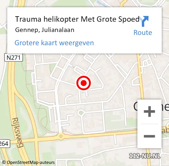 Locatie op kaart van de 112 melding: Trauma helikopter Met Grote Spoed Naar Gennep, Julianalaan op 20 augustus 2023 22:21