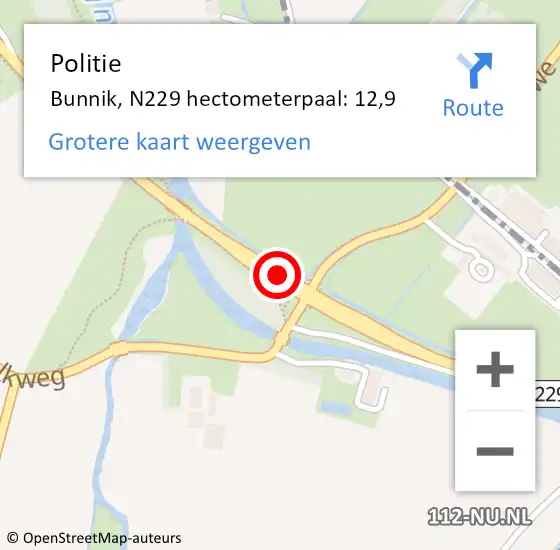 Locatie op kaart van de 112 melding: Politie Bunnik, N229 hectometerpaal: 12,9 op 21 augustus 2023 08:26