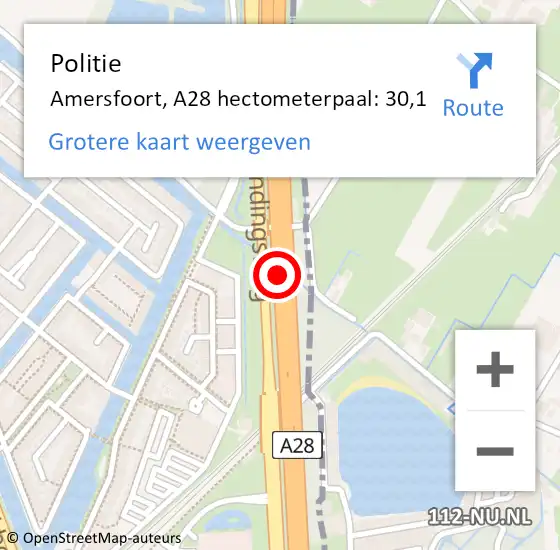 Locatie op kaart van de 112 melding: Politie Amersfoort, A28 hectometerpaal: 30,1 op 21 augustus 2023 16:15
