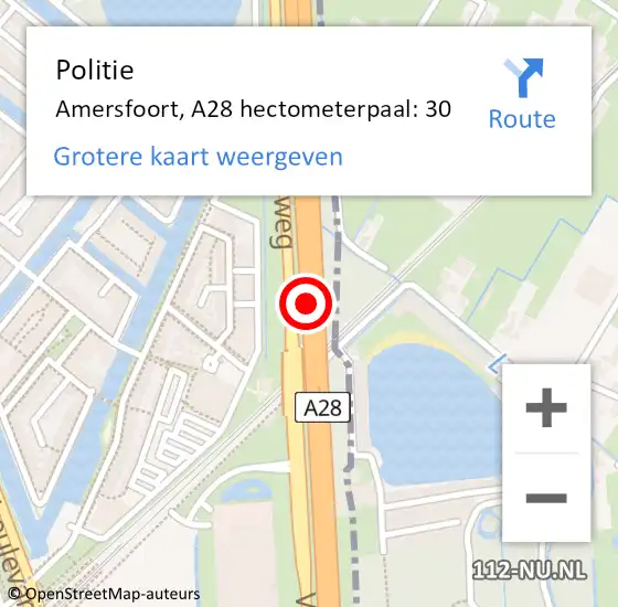 Locatie op kaart van de 112 melding: Politie Amersfoort, A28 hectometerpaal: 30 op 21 augustus 2023 16:15