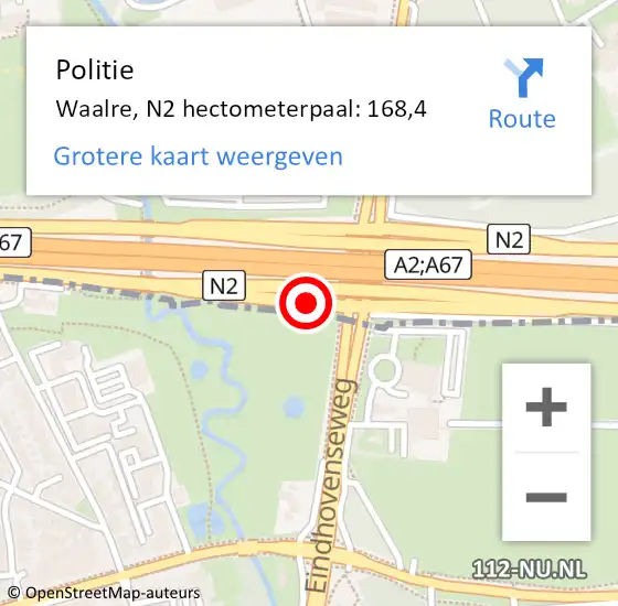 Locatie op kaart van de 112 melding: Politie Waalre, N2 hectometerpaal: 168,4 op 21 augustus 2023 16:57