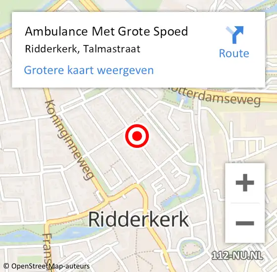 Locatie op kaart van de 112 melding: Ambulance Met Grote Spoed Naar Ridderkerk, Talmastraat op 21 augustus 2023 19:26