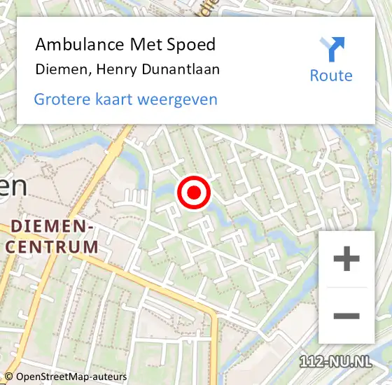 Locatie op kaart van de 112 melding: Ambulance Met Spoed Naar Diemen, Henry Dunantlaan op 22 augustus 2023 03:30