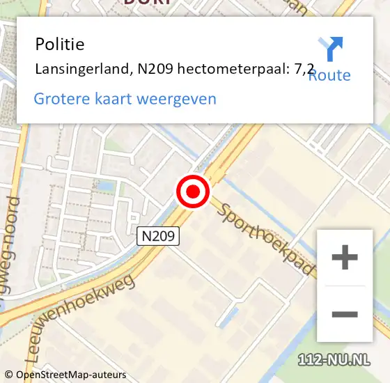 Locatie op kaart van de 112 melding: Politie Lansingerland, N209 hectometerpaal: 7,2 op 23 augustus 2023 15:41