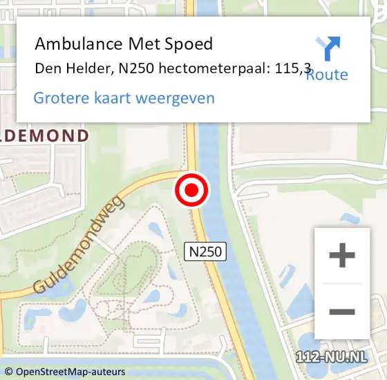 Locatie op kaart van de 112 melding: Ambulance Met Spoed Naar Den Helder, N250 hectometerpaal: 115,3 op 24 augustus 2023 07:14