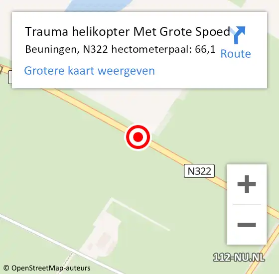 Locatie op kaart van de 112 melding: Trauma helikopter Met Grote Spoed Naar Beuningen, N322 hectometerpaal: 66,1 op 24 augustus 2023 10:07