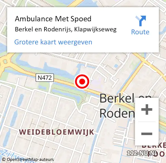 Locatie op kaart van de 112 melding: Ambulance Met Spoed Naar Berkel en Rodenrijs, Klapwijkseweg op 24 augustus 2023 10:14
