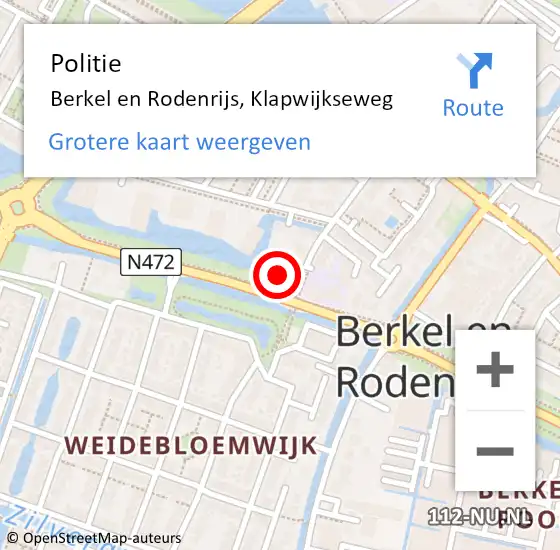 Locatie op kaart van de 112 melding: Politie Berkel en Rodenrijs, Klapwijkseweg op 24 augustus 2023 10:14