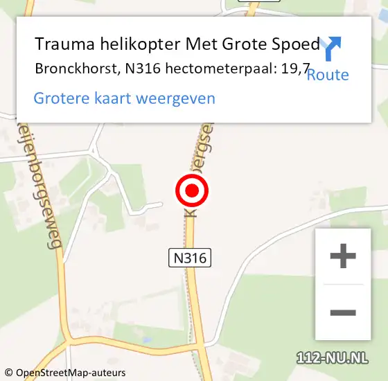 Locatie op kaart van de 112 melding: Trauma helikopter Met Grote Spoed Naar Bronckhorst, N316 hectometerpaal: 19,7 op 24 augustus 2023 14:12