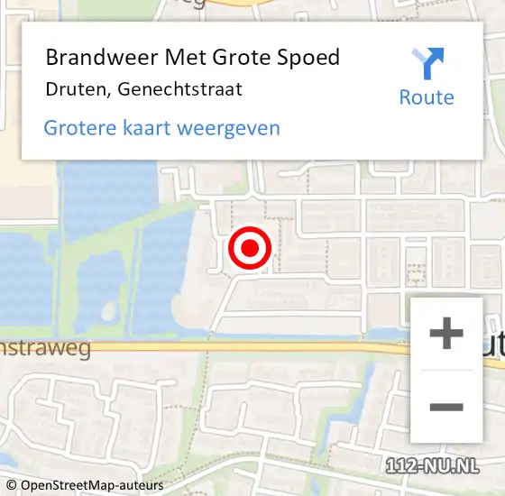 Locatie op kaart van de 112 melding: Brandweer Met Grote Spoed Naar Druten, Genechtstraat op 25 augustus 2023 07:23