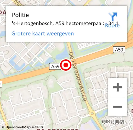 Locatie op kaart van de 112 melding: Politie 's-Hertogenbosch, A59 hectometerpaal: 134,1 op 25 augustus 2023 11:55