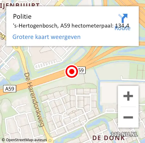 Locatie op kaart van de 112 melding: Politie 's-Hertogenbosch, A59 hectometerpaal: 134,4 op 25 augustus 2023 11:59