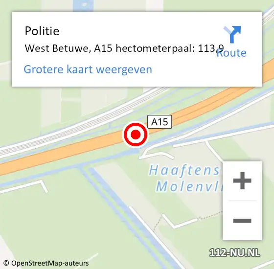 Locatie op kaart van de 112 melding: Politie West Betuwe, A15 hectometerpaal: 113,9 op 25 augustus 2023 14:38