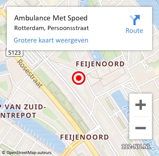 Locatie op kaart van de 112 melding: Ambulance Met Spoed Naar Rotterdam, Persoonsstraat op 25 augustus 2023 18:24