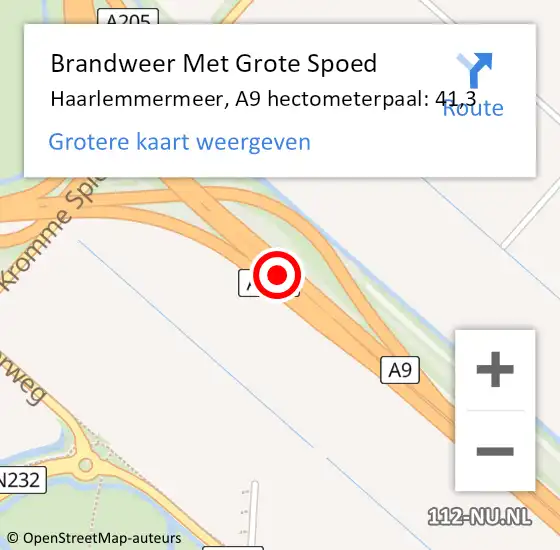 Locatie op kaart van de 112 melding: Brandweer Met Grote Spoed Naar Haarlemmermeer, A9 hectometerpaal: 41,3 op 26 augustus 2023 00:53