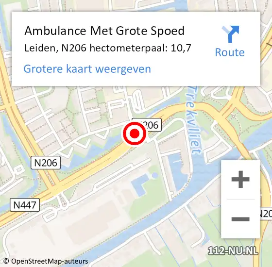 Locatie op kaart van de 112 melding: Ambulance Met Grote Spoed Naar Leiden, N206 hectometerpaal: 10,7 op 26 augustus 2023 00:54