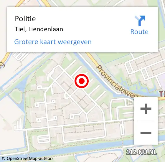 Locatie op kaart van de 112 melding: Politie Tiel, Liendenlaan op 26 augustus 2023 01:52