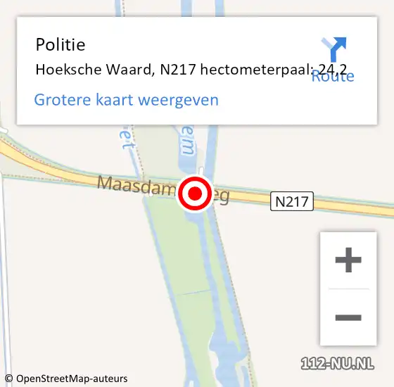 Locatie op kaart van de 112 melding: Politie Hoeksche Waard, N217 hectometerpaal: 24,2 op 26 augustus 2023 10:37