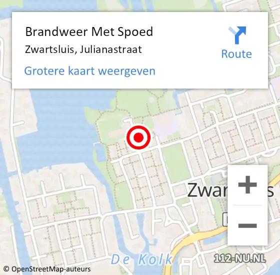 Locatie op kaart van de 112 melding: Brandweer Met Spoed Naar Zwartsluis, Julianastraat op 26 augustus 2023 22:17