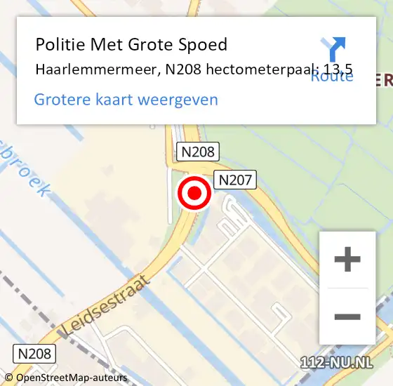 Locatie op kaart van de 112 melding: Politie Met Grote Spoed Naar Haarlemmermeer, N208 hectometerpaal: 13,5 op 27 augustus 2023 05:16