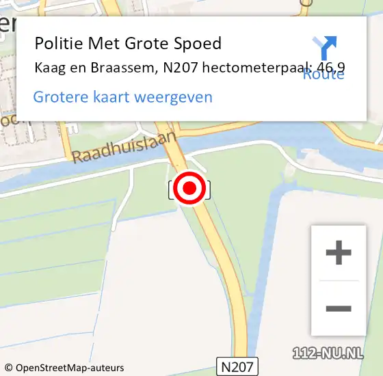 Locatie op kaart van de 112 melding: Politie Met Grote Spoed Naar Kaag en Braassem, N207 hectometerpaal: 46,9 op 27 augustus 2023 07:34