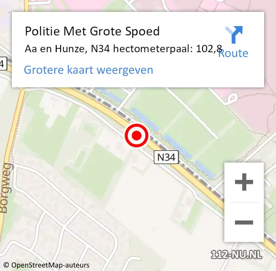 Locatie op kaart van de 112 melding: Politie Met Grote Spoed Naar Aa en Hunze, N34 hectometerpaal: 102,8 op 27 augustus 2023 09:43
