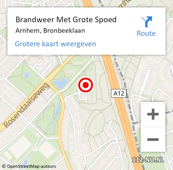 Locatie op kaart van de 112 melding: Brandweer Met Grote Spoed Naar Arnhem, Bronbeeklaan op 27 augustus 2023 12:44